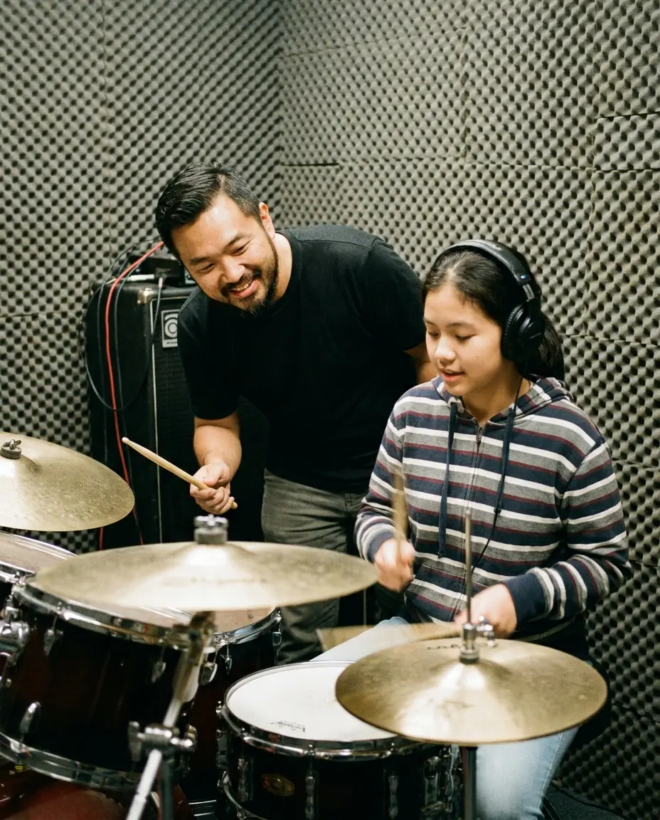 A drum teacher beside a teenage girl playing a drum kit