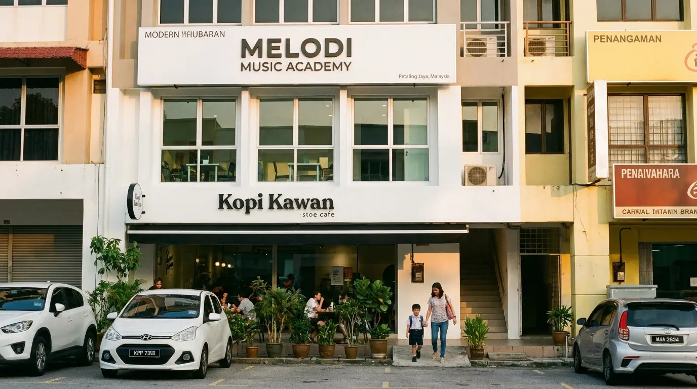 The academy's signboard above a café on the Damansara Jaya shoplot row, a mother and son walking to the stairs