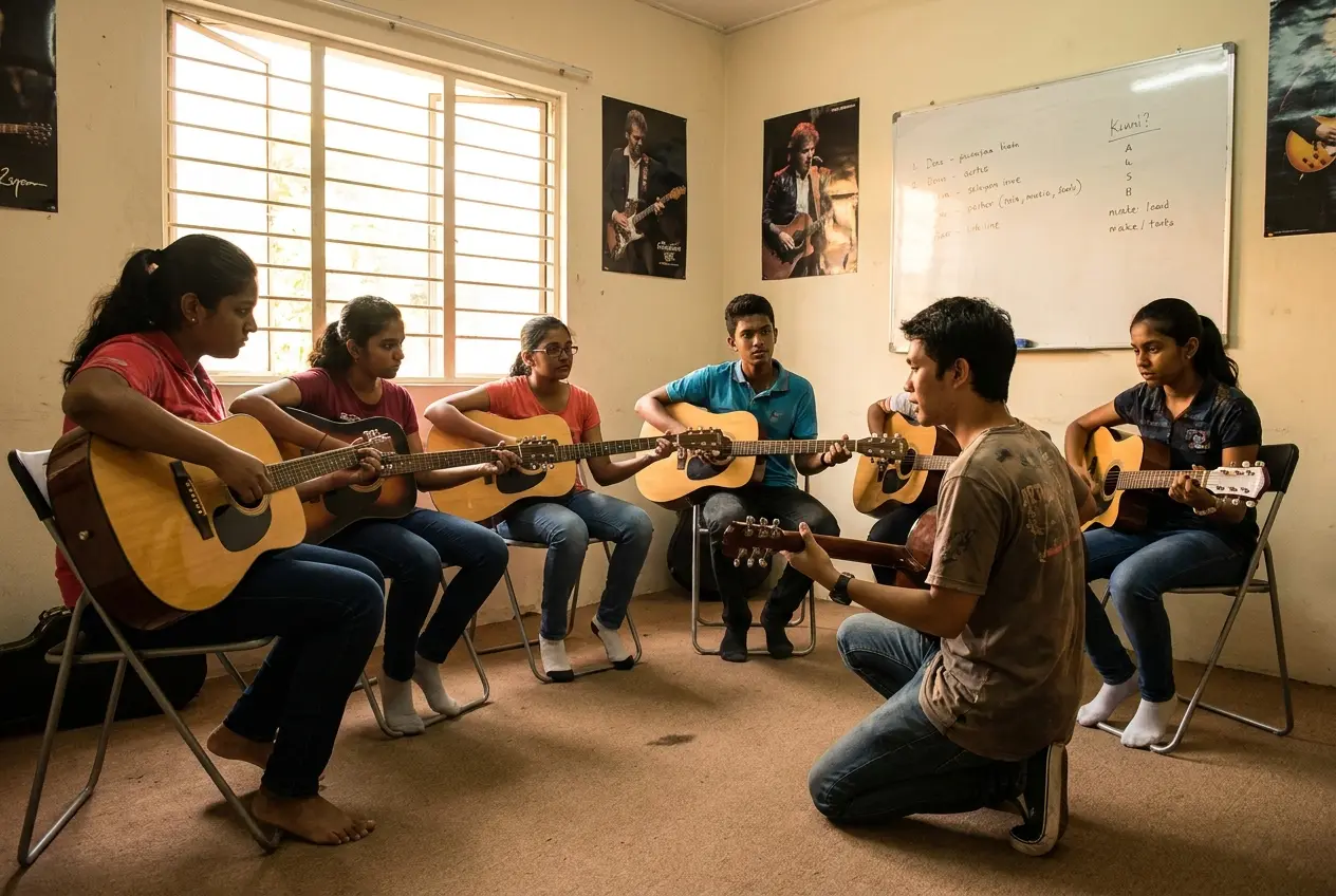 Teenagers in a guitar class watching their teacher play a chord