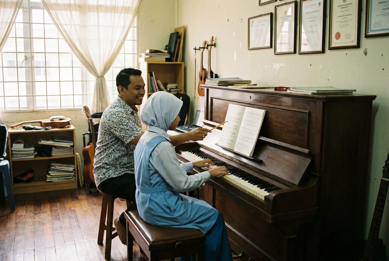 A girl in school uniform at the piano with her teacher pointing at the music book