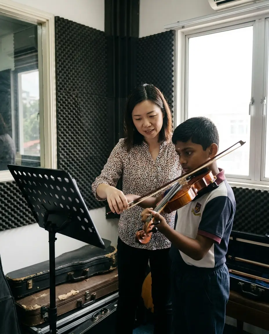 A violin teacher adjusting a boy's bow hold