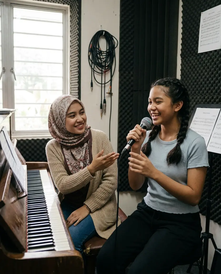 A vocal teacher at the piano guiding a teenage singer